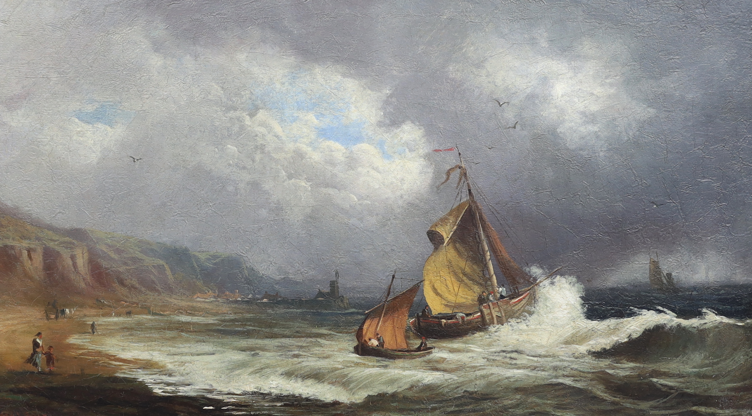 19th Century English School, oil on canvas, Fishing boats along the coast, indistinctly signed, 35 x 60cm